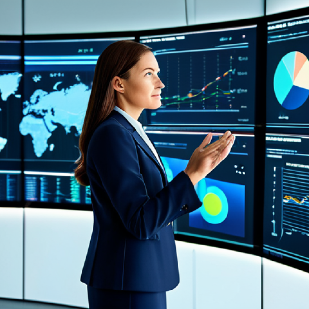 A female business executive, mid-30s, dressed in a sophisticated, modest business suit, professional dress. She stands confidently in a sleek, modern data visualization lab, looking at large holographic data displays filled with intricate charts and graphs. One hand subtly gestures towards a complex neural network visualization. The environment is clean, futuristic, and brightly lit, with subtle digital glowing elements, conveying an atmosphere of innovation and strategic insight. Fully clothed, appropriate attire, safe for work, perfect anatomy, correct proportions, natural pose, well-formed hands, natural body proportions, professional photography, high detail, high quality, modest, family-friendly content.