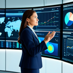 A female business executive, mid-30s, dressed in a sophisticated, modest business suit, professional dress. She stands confidently in a sleek, modern data visualization lab, looking at large holographic data displays filled with intricate charts and graphs. One hand subtly gestures towards a complex neural network visualization. The environment is clean, futuristic, and brightly lit, with subtle digital glowing elements, conveying an atmosphere of innovation and strategic insight. Fully clothed, appropriate attire, safe for work, perfect anatomy, correct proportions, natural pose, well-formed hands, natural body proportions, professional photography, high detail, high quality, modest, family-friendly content.
