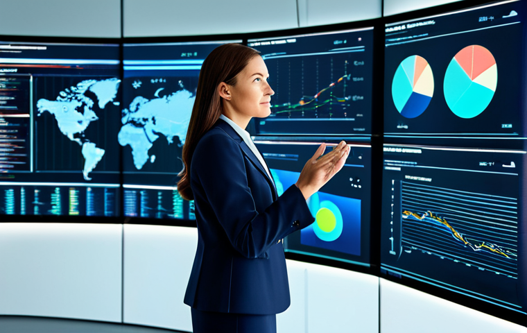 A female business executive, mid-30s, dressed in a sophisticated, modest business suit, professional dress. She stands confidently in a sleek, modern data visualization lab, looking at large holographic data displays filled with intricate charts and graphs. One hand subtly gestures towards a complex neural network visualization. The environment is clean, futuristic, and brightly lit, with subtle digital glowing elements, conveying an atmosphere of innovation and strategic insight. Fully clothed, appropriate attire, safe for work, perfect anatomy, correct proportions, natural pose, well-formed hands, natural body proportions, professional photography, high detail, high quality, modest, family-friendly content.