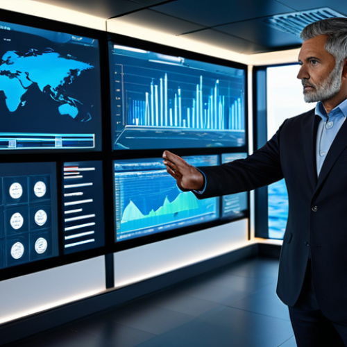 Home 7 A professional male business executive in a modest dark business suit, standing confidently in a sleek, modern control room with panoramic digital displays. The screens show various abstract data visualizations, including a stylized, calm blue ocean with a navigating ship icon and strategic risk assessment charts. He is looking forward with a thoughtful and strategic expression, one hand lightly touching a holographic interface. The setting emphasizes preparedness and proactive management. Perfect anatomy, correct proportions, natural pose, well-formed hands, proper finger count. Professional photography, high quality, studio lighting, ultra-detailed, safe for work, appropriate content, fully clothed, professional dress.