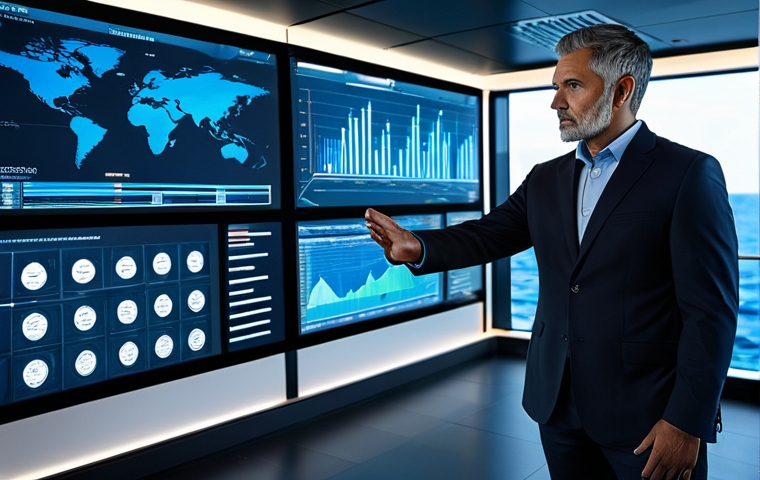 A professional male business executive in a modest dark business suit, standing confidently in a sleek, modern control room with panoramic digital displays. The screens show various abstract data visualizations, including a stylized, calm blue ocean with a navigating ship icon and strategic risk assessment charts. He is looking forward with a thoughtful and strategic expression, one hand lightly touching a holographic interface. The setting emphasizes preparedness and proactive management. Perfect anatomy, correct proportions, natural pose, well-formed hands, proper finger count. Professional photography, high quality, studio lighting, ultra-detailed, safe for work, appropriate content, fully clothed, professional dress.